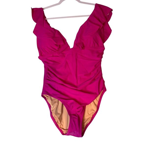 J.Crew Pink Ruched Ruffle One-Piece Swimsuit Size 12 NWT - Picture 2 of 4